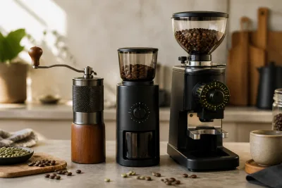 Trois moulins à café alignés sur un plan de travail, meules et réglages visibles, grains éparpillés