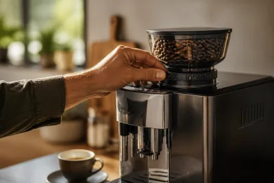 Main ajustant la molette du broyeur d'une machine automatique à grain, tasse d'expresso posée à côté
