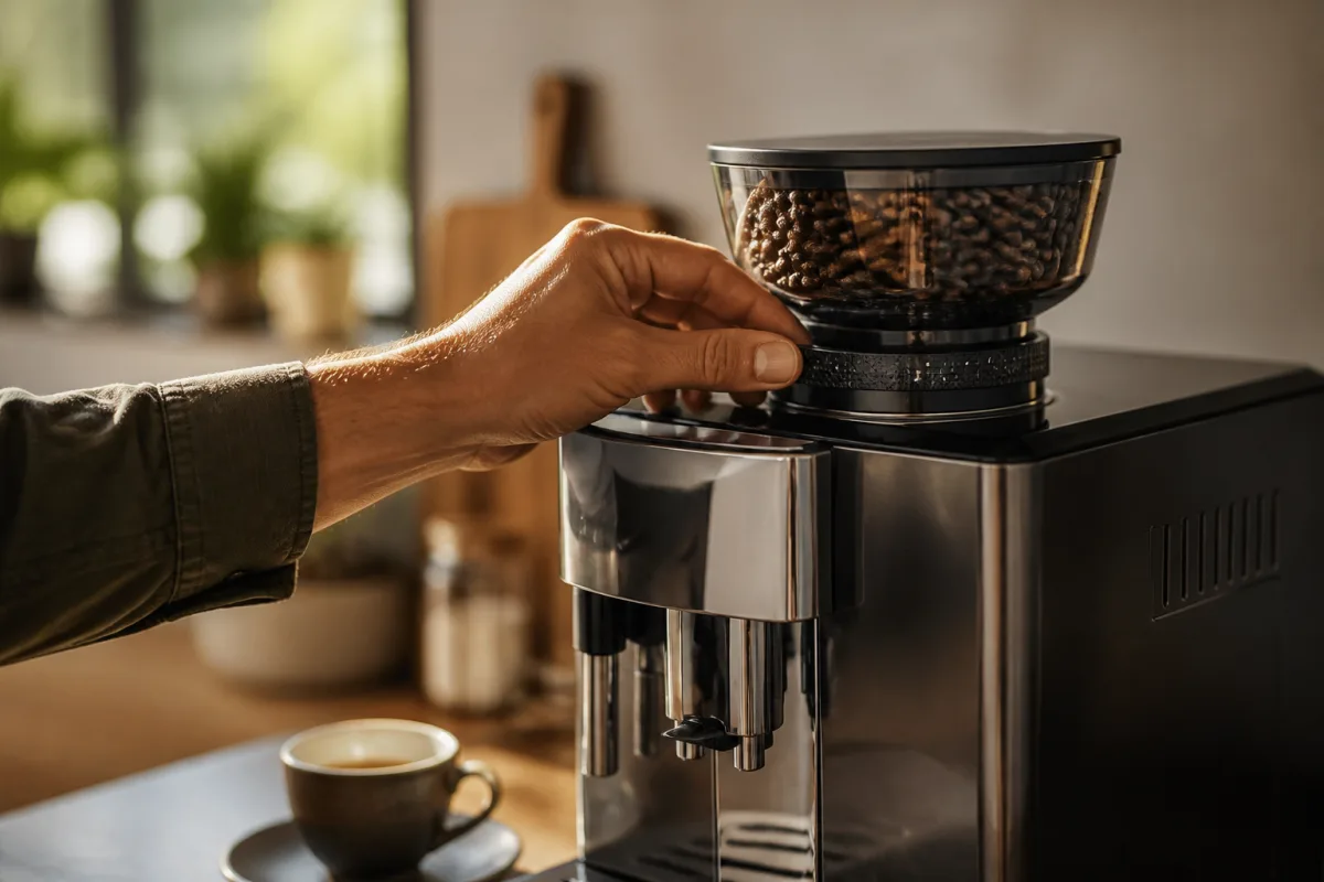 Main ajustant la molette du broyeur d'une machine automatique à grain, tasse d'expresso posée à côté