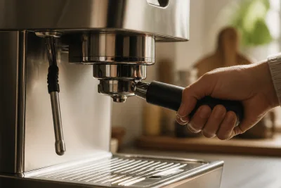 Gros plan d'un porte-filtre 58 mm inséré dans la tête de groupe d'une machine expresso