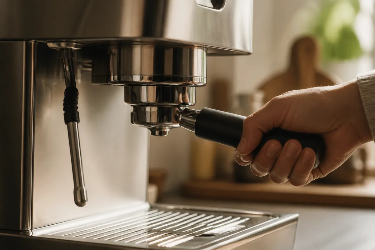 Gros plan d'un porte-filtre 58 mm inséré dans la tête de groupe d'une machine expresso
