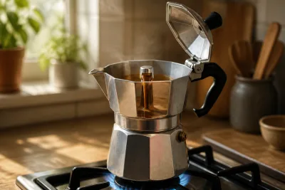 Cafetière Moka en train d’extraire un filet régulier de café sur une petite flamme