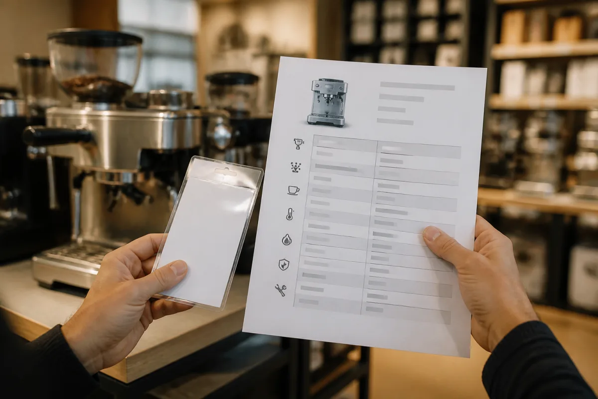 Mains tenant une étiquette de prix et une fiche technique imprimée devant une machine à café floue