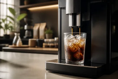 Machine automatique versant un espresso sur un verre rempli de glace, fonte partielle visible