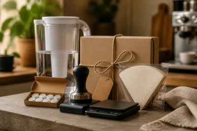 Ensemble d'accessoires café (tamper, balance, filtres, carafe filtrante) posés sur un plan de travail, étiquette cadeau
