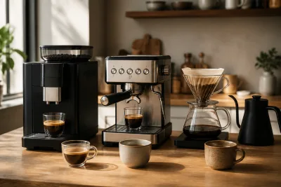 Trois machines à café côte à côte : automatique, porte‑filtre et V60 avec tasses devant