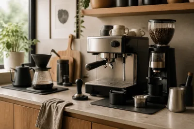 Plan de travail avec machine espresso, moulin, balance et pichet à lait prêts à l'usage
