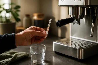 Main tenant une bandelette de test TH devant une machine espresso sur un plan de travail