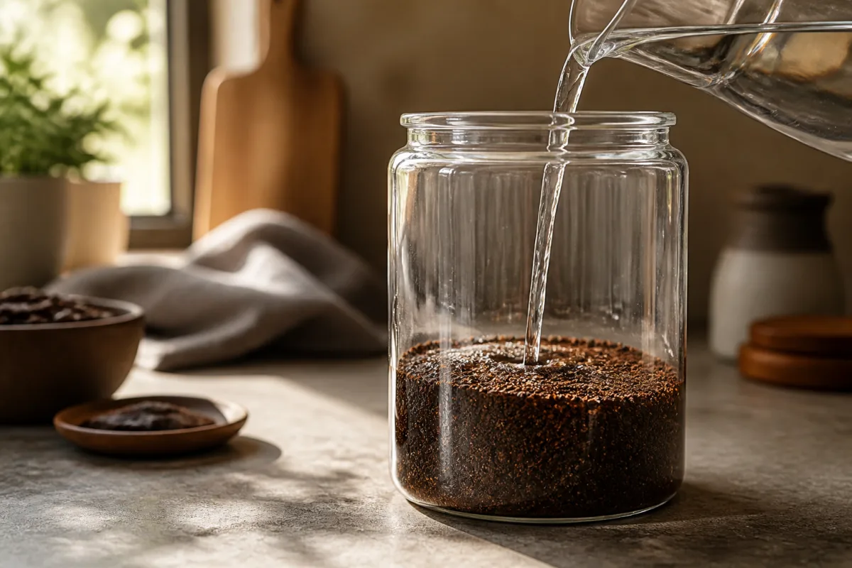 Main versant de l'eau froide sur un bocal en verre contenant du café moulu très grossier