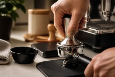 Main effectuant un tassage vertical avec un tamper dans un porte‑filtre, entonnoir et balance en arrière-plan