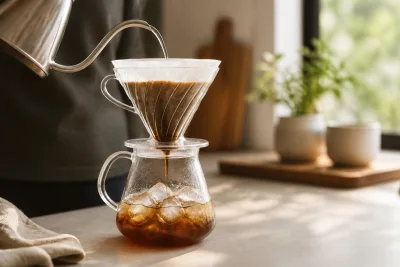 V60 posé sur une carafe remplie de glace, eau chaude versée à travers le filtre