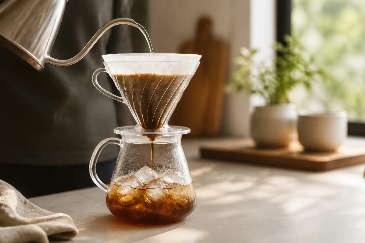 V60 posé sur une carafe remplie de glace, eau chaude versée à travers le filtre