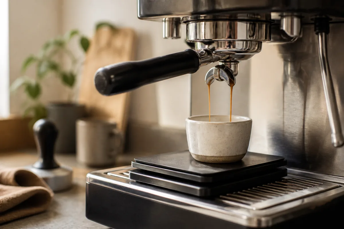 Porte‑filtre en extraction au‑dessus d'une tasse sur balance numérique indiquant le poids en grammes