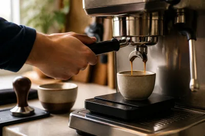 Plan rapproché d’un porte‑filtre verrouillé et d’un espresso s’écoulant dans une tasse posée sur une balance