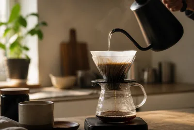 Versement précis d'une bouilloire gooseneck sur un cône filtre posé sur carafe