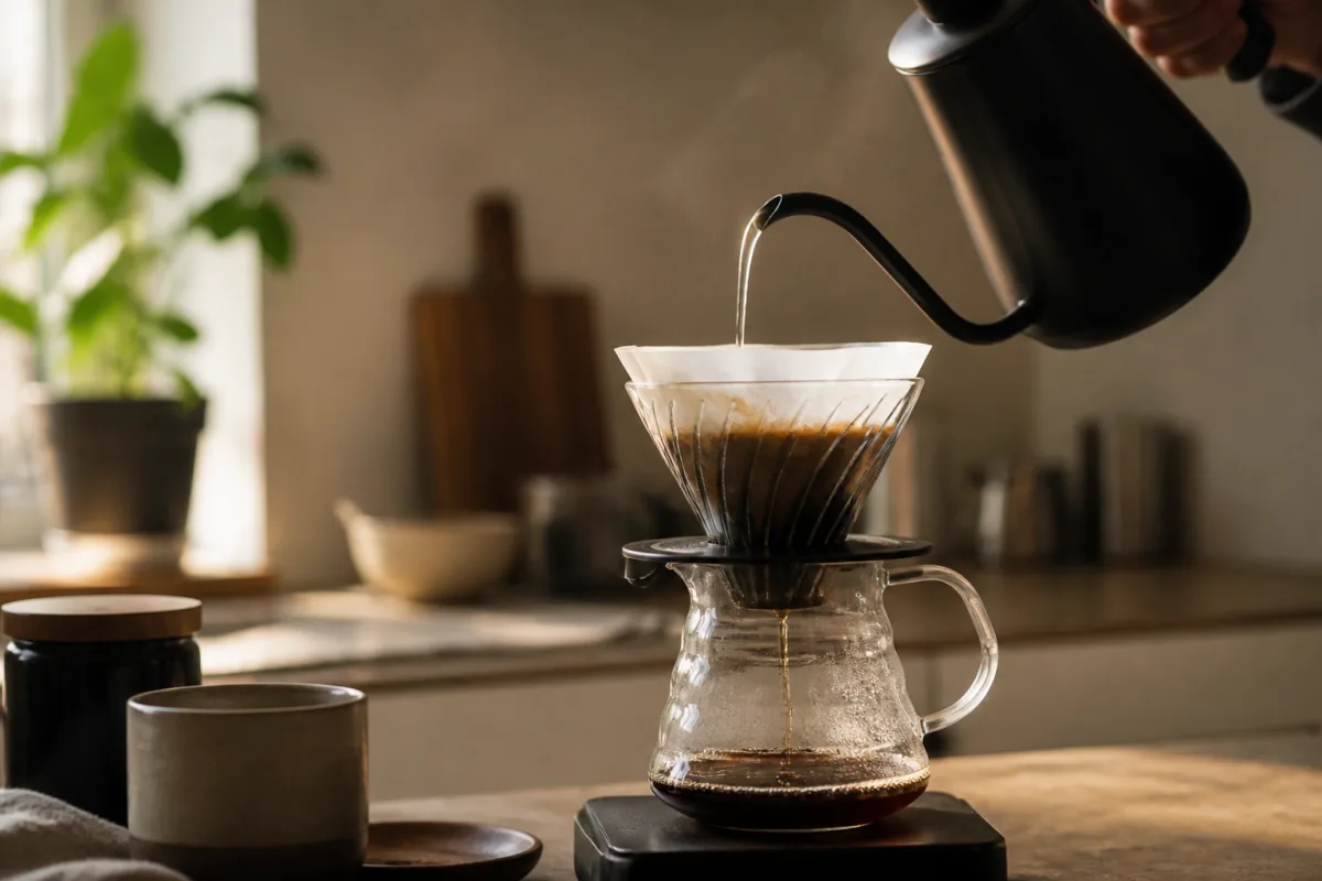 Versement précis d'une bouilloire gooseneck sur un cône filtre posé sur carafe