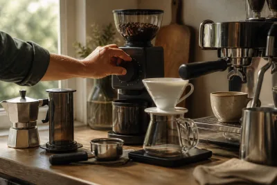 Main réglant la molette d’un moulin à café, porte-filtre, V60 et moka posés sur un plan de travail lumineux