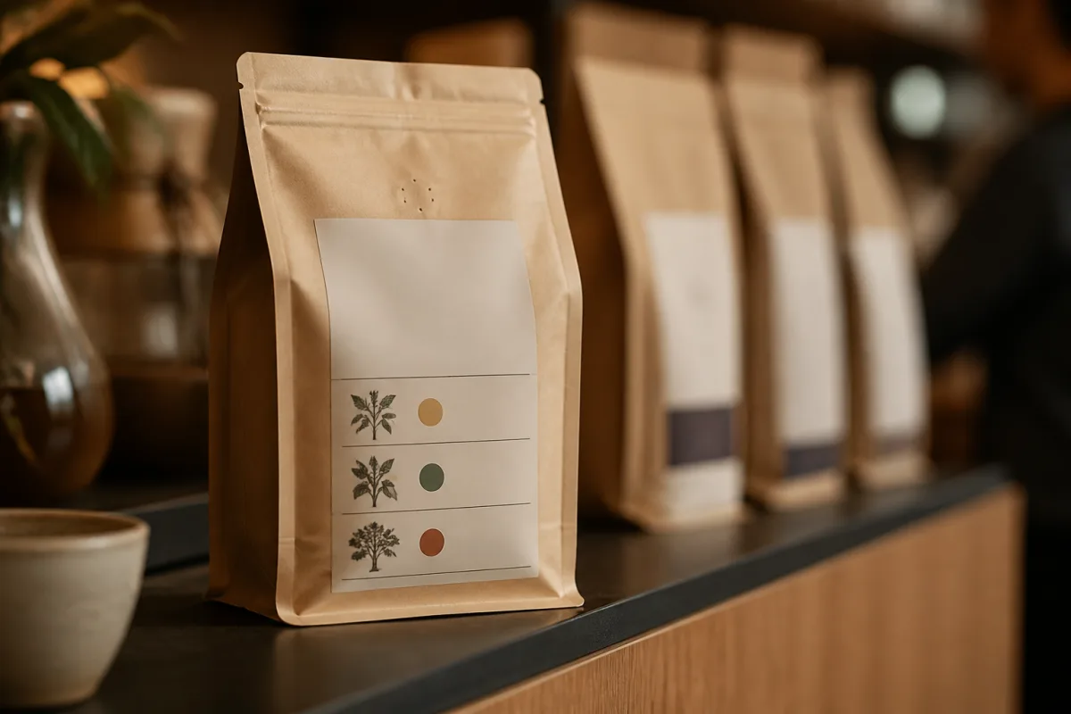 Gros plan sur une étiquette de paquet de café indiquant Catuaí, Castillo et SL28