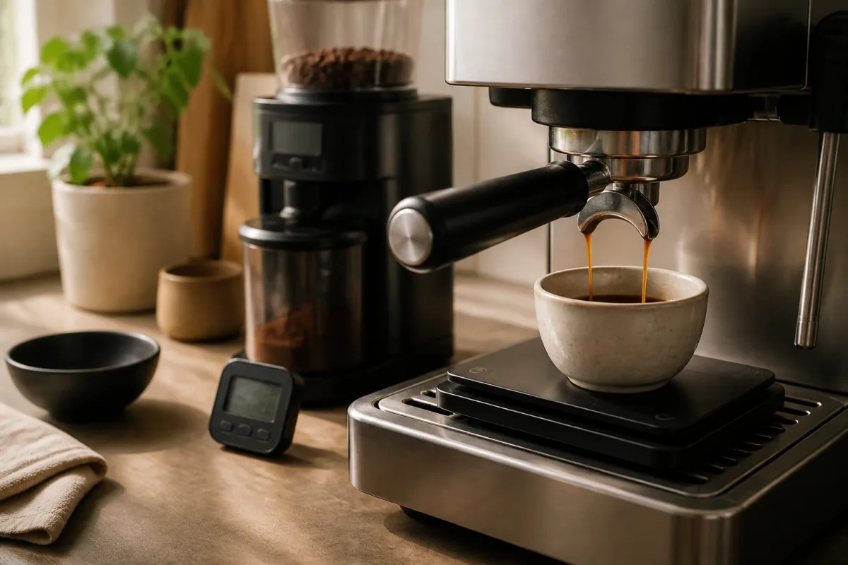 Tasse sur une balance de précision sous la sortie café d'une machine à grain, broyeur en arrière-plan