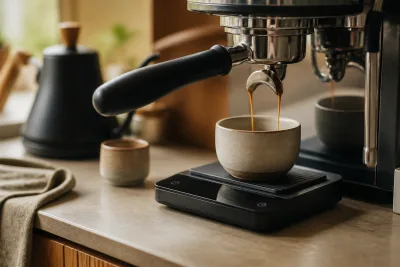 Balance numérique sous un porte‑filtre, espresso coulant dans une tasse, affichage poids lisible