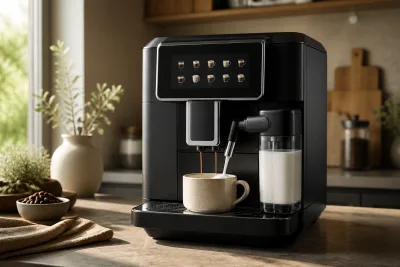 Machine automatique à grain distribuant du lait dans une tasse, écran d'icônes en arrière-plan