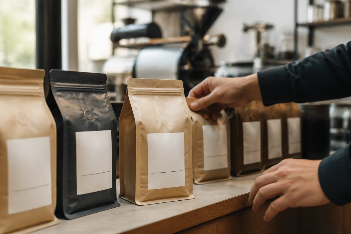 Étagère de boutique avec sachets de café étiquetés montrant date de torréfaction, origine et niveau de torréfaction