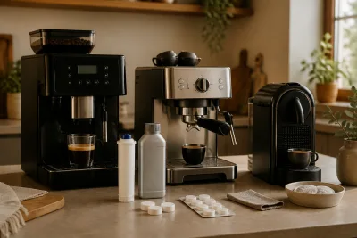 Trois machines domestiques côte à côte sur un plan de travail avec cartouche, flacon détartrant et pastilles au premier plan