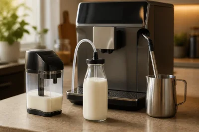 Trois configurations lait côte à côte : carafe intégrée démontée, tuyau plongé dans une bouteille, buse vapeur et pichet en inox