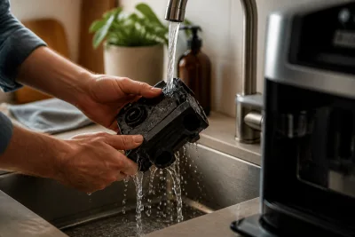 Main tenant un groupe d'infusion amovible rincé sous un robinet, module qui égoutte