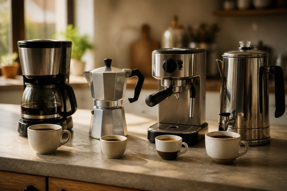 Quatre appareils à café (filtre, moka, espresso porte-filtre, urne) alignés avec une tasse devant chacun