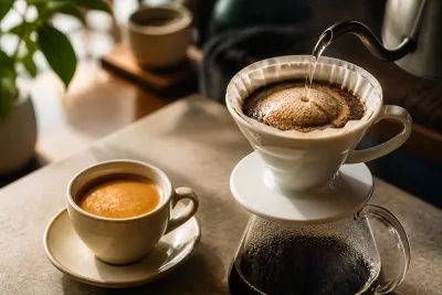 Demitasse d'espresso à crema épaisse et V60 avec bloom visible au premier versement