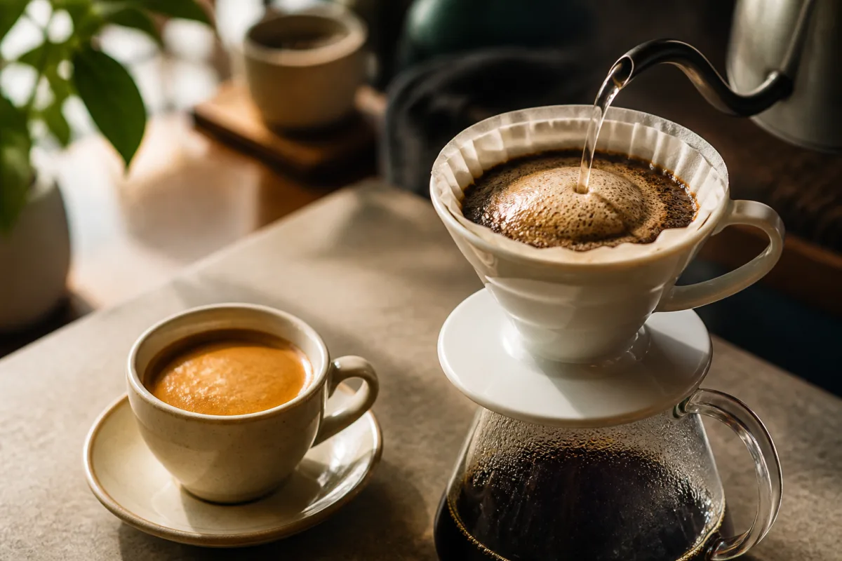Demitasse d'espresso à crema épaisse et V60 avec bloom visible au premier versement