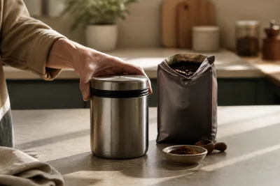 Boîte inox fermée posée à côté d’un sachet de café ouvert et d’une étiquette date