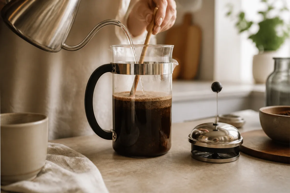 Cafetière à piston sur un plan de travail, eau versée et légère agitation visible