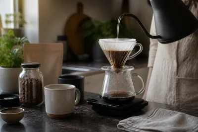 Versage au V60 : balance, filtre et bouilloire en train de doser une recette