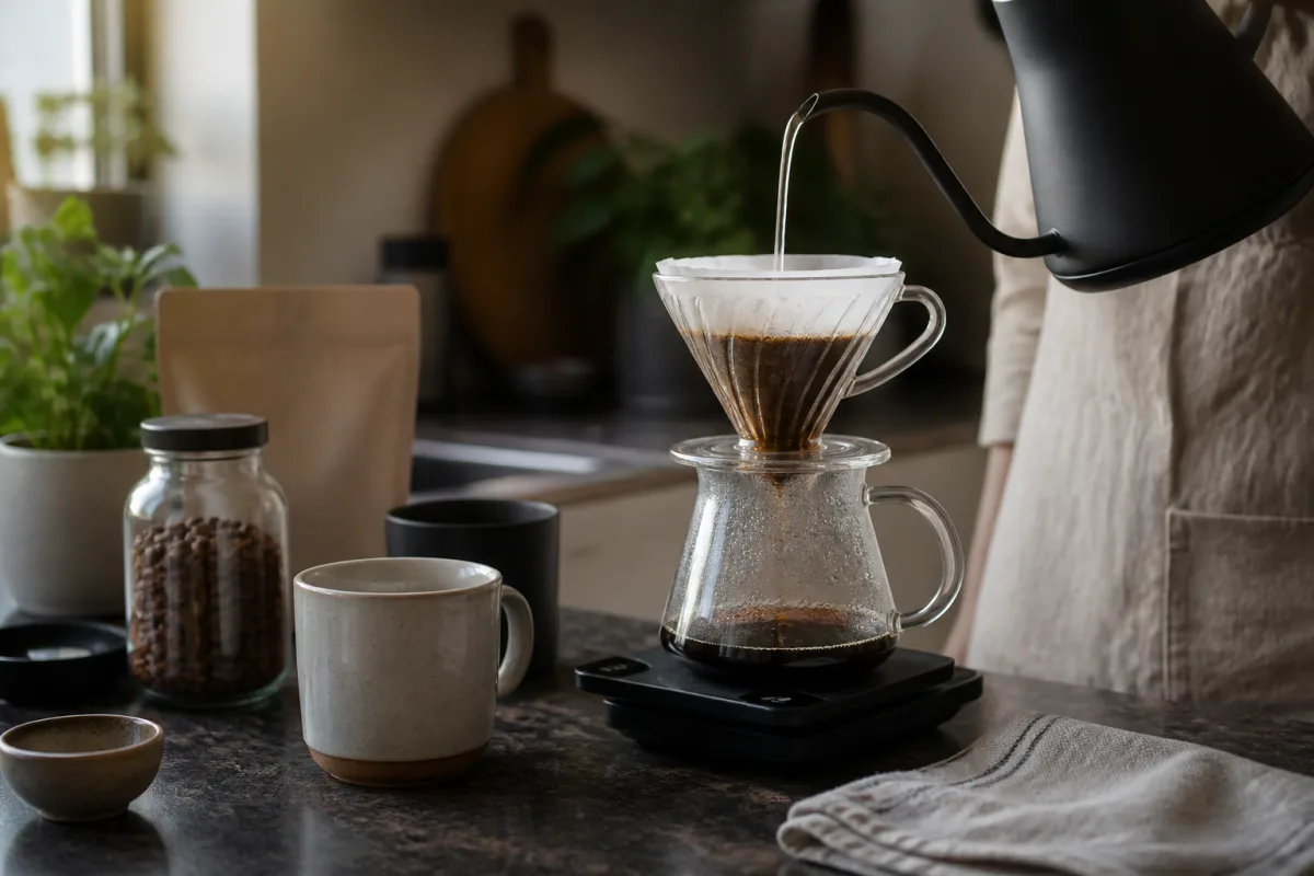 Versage au V60 : balance, filtre et bouilloire en train de doser une recette