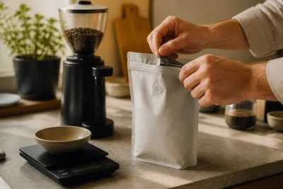 Main ouvrant un sac de café avec étiquette de date de torréfaction, moulin et balance en arrière-plan