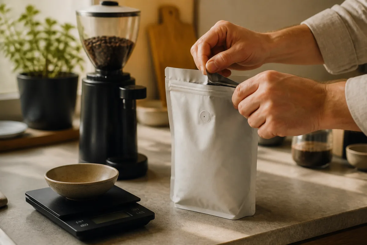 Main ouvrant un sac de café avec étiquette de date de torréfaction, moulin et balance en arrière-plan