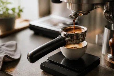 Porte‑filtre posé sur une balance numérique, espresso coulant dans une petite tasse