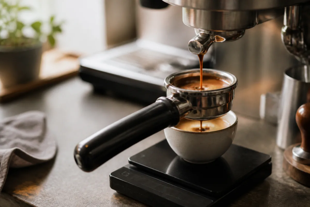 Porte‑filtre posé sur une balance numérique, espresso coulant dans une petite tasse