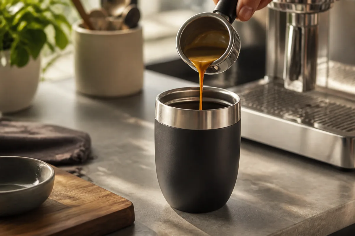 Gros plan d’un porte‑filtre versant un court espresso dans un mug isotherme posé sur un plan de travail