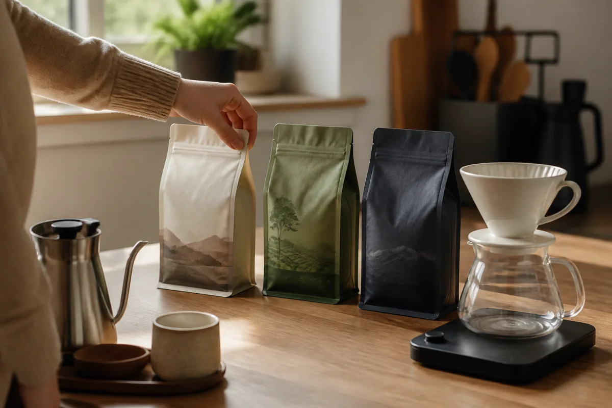 Main approchant un sachet de café sur un plan de travail avec balance et porte-filtre en arrière-plan