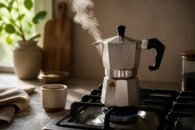 Cafetière moka en train d'infuser sur une plaque avec une petite tasse à côté