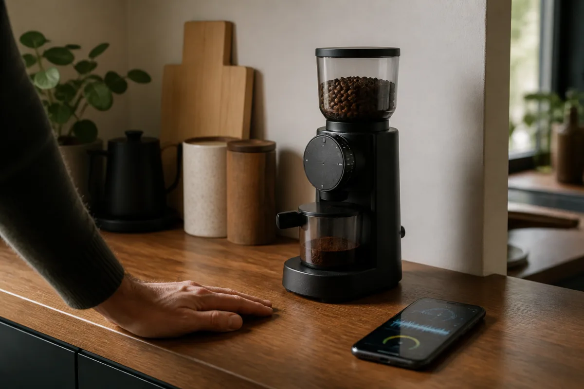 Moulin à café posé sur plan de travail, main posée pour sentir la vibration et smartphone mesurant le bruit