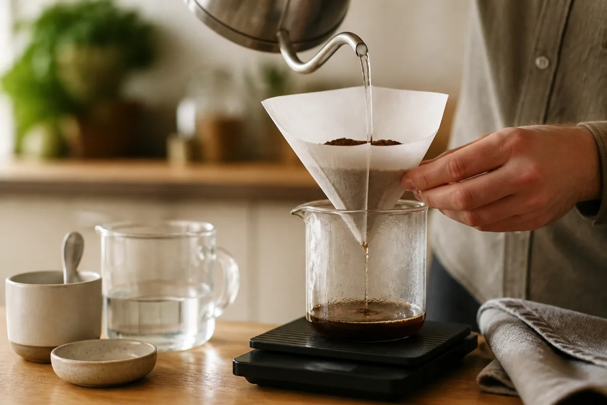 Main versant de l'eau à travers un petit filtre papier en entonnoir au‑dessus d'un bécher gradué