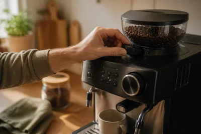 Main ajustant la molette d’une machine à grain près du bac à grains sur un plan de travail
