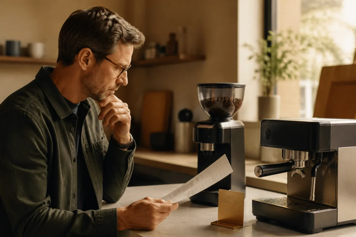 Personne examinant un moulin et une machine espresso posés sur un comptoir, avec une fiche produit à la main