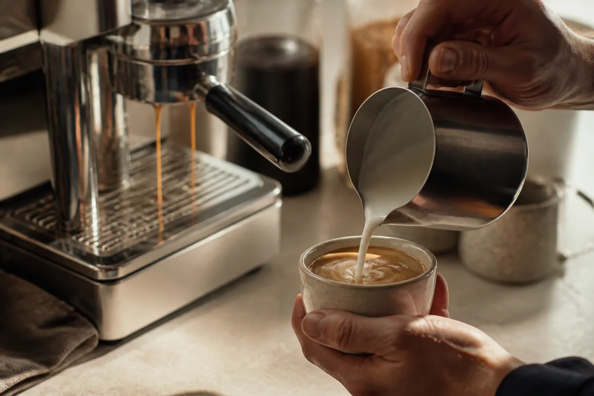 Main versant une micro‑mousse sur un double espresso dans une petite tasse