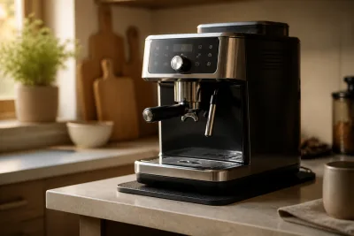 Machine à café automatique posée sur un plan de travail avec un tapis anti‑vibrations visible dessous