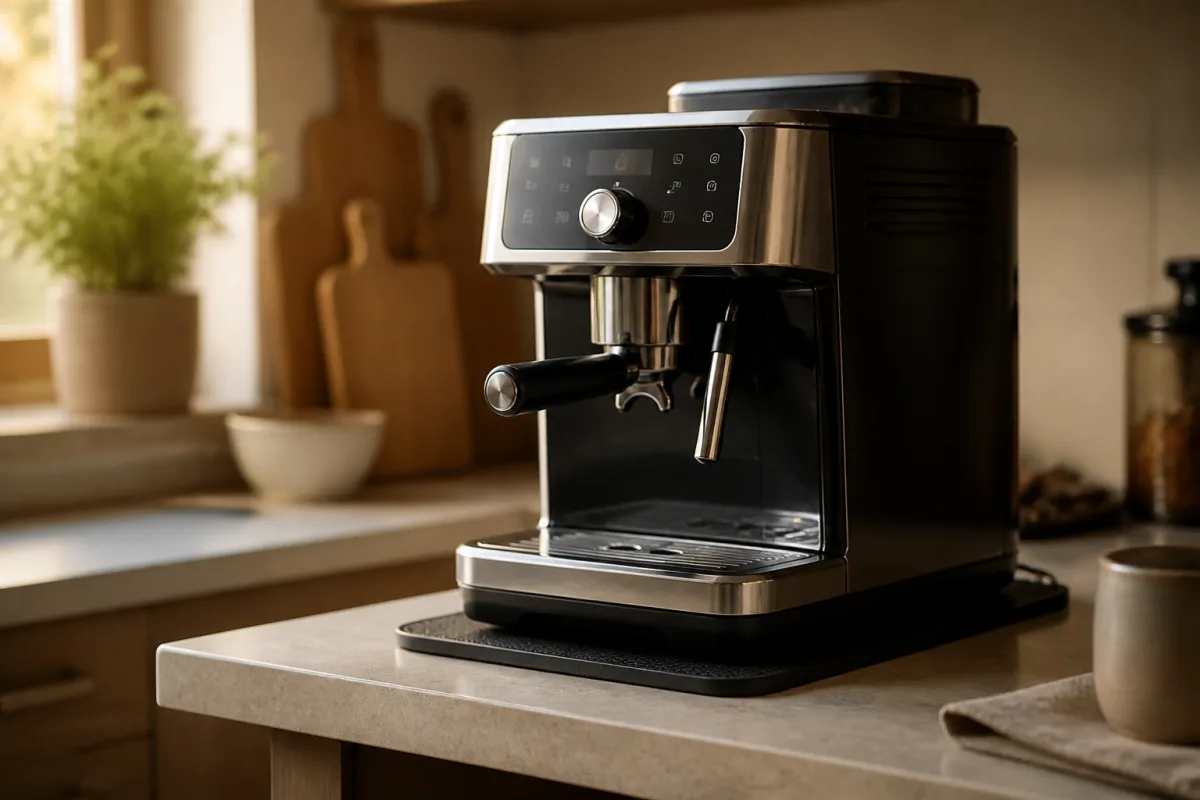 Machine à café automatique posée sur un plan de travail avec un tapis anti‑vibrations visible dessous